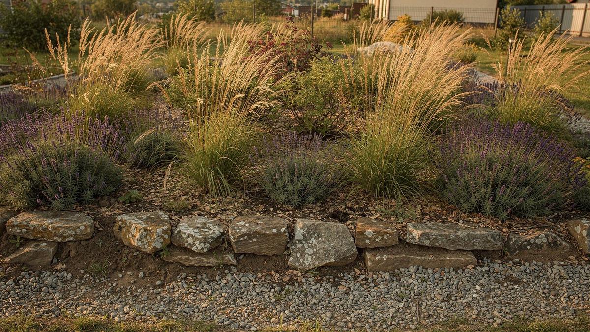 Ukrainian garden bed with steppe grasses, salvia and a gravel path beside a low stone edge