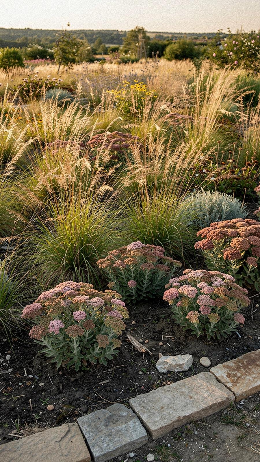 Mixed perennial border of feather grass and sedum in a Kyiv Oblast garden at low evening light